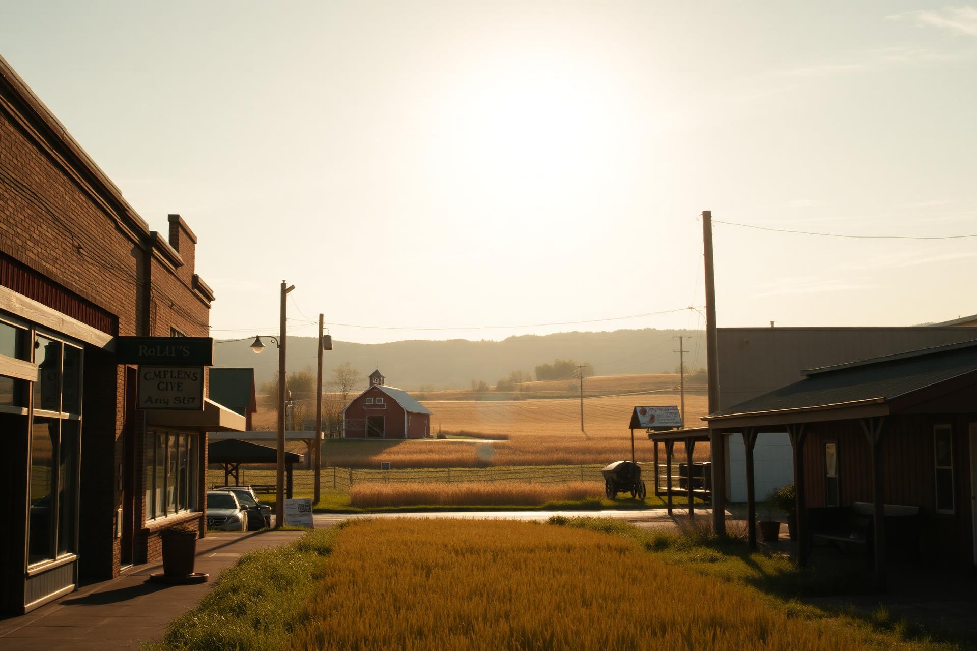 Rural American main street at golden hour